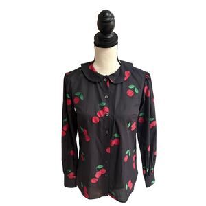 Danielle Fichera Cherry Print Button Down Shirt Black Red Long Sleeve XS Cotton